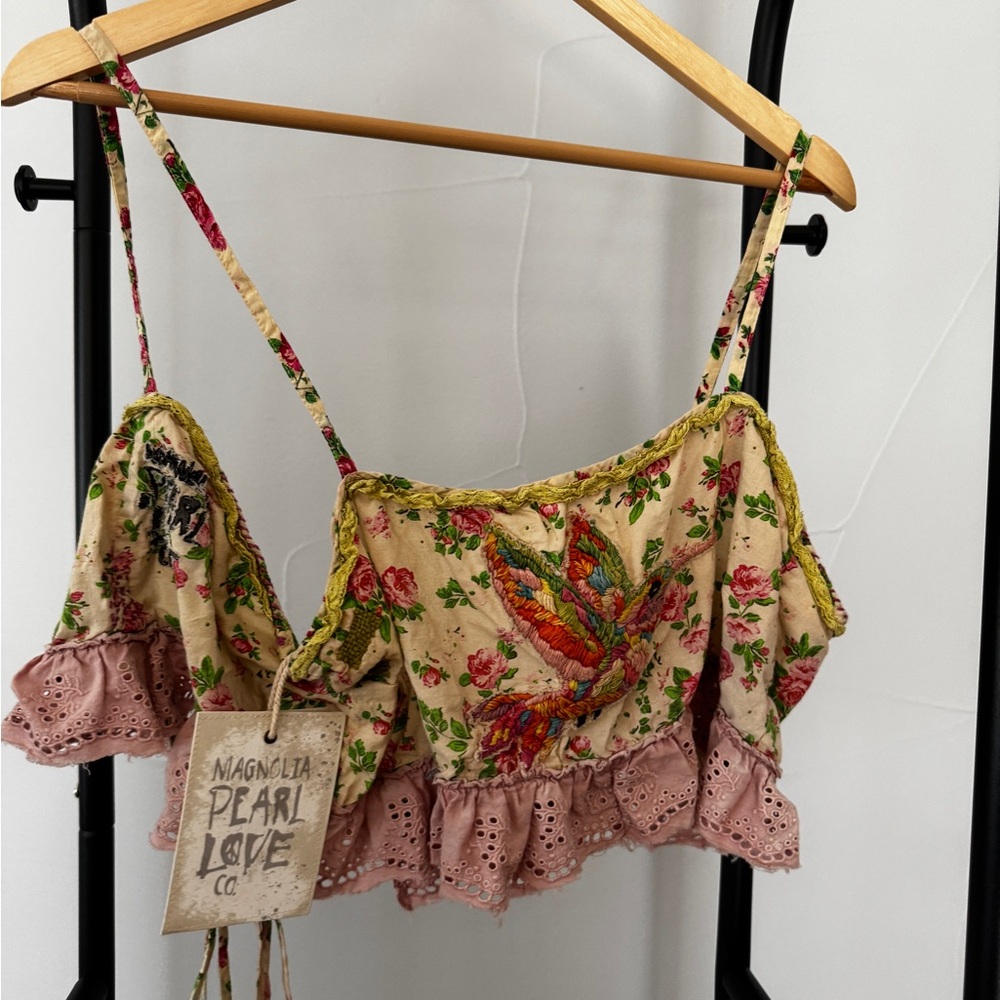 Magnolia Pearl Floral Hummingbird Embroidered Crop Top